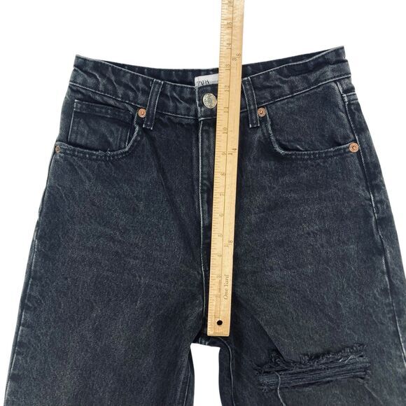 ZARA Jeans Women 4 Black High Rise Wide Leg Raw Hem Distressed Relaxed Fit Denim - Picture 10 of 15